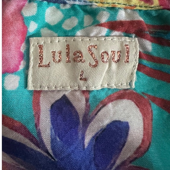 Lula Soul Floral Mixed Media Patchwork Tiered Boho Mini Dress Sz L Tropical Vaca - Picture 3 of 10